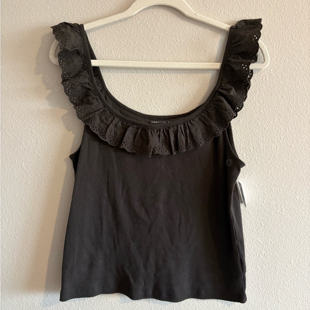 NWT American Eagle Eyelet Trim Scoop-Neck Ribbed Tank Top Women’s XL Dark Grey